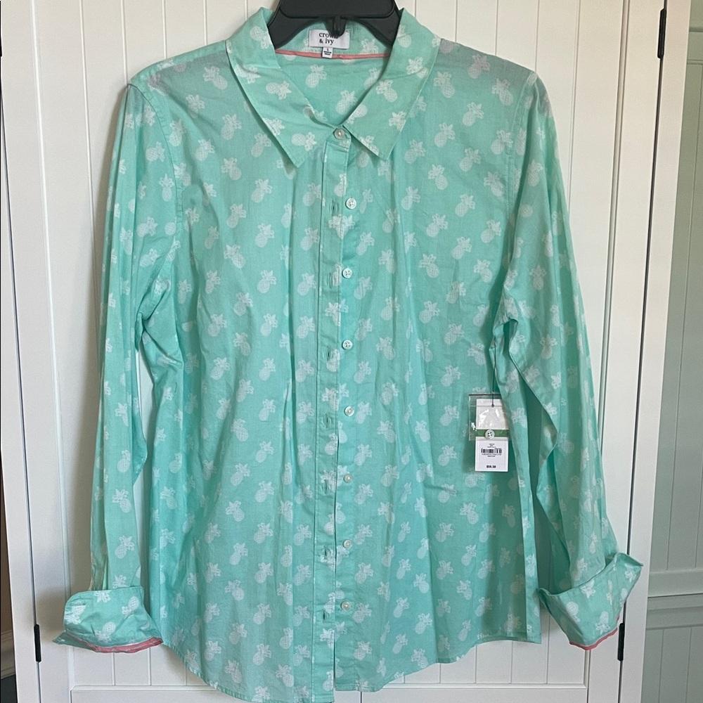 Crown and Ivy Pineapple Print Ladies Shirt Large NWT